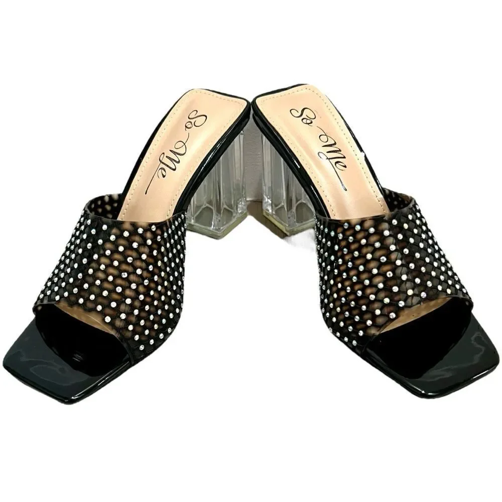 So me rhinestone black netted mule heels with clear chunky block heel sz 7 NWT